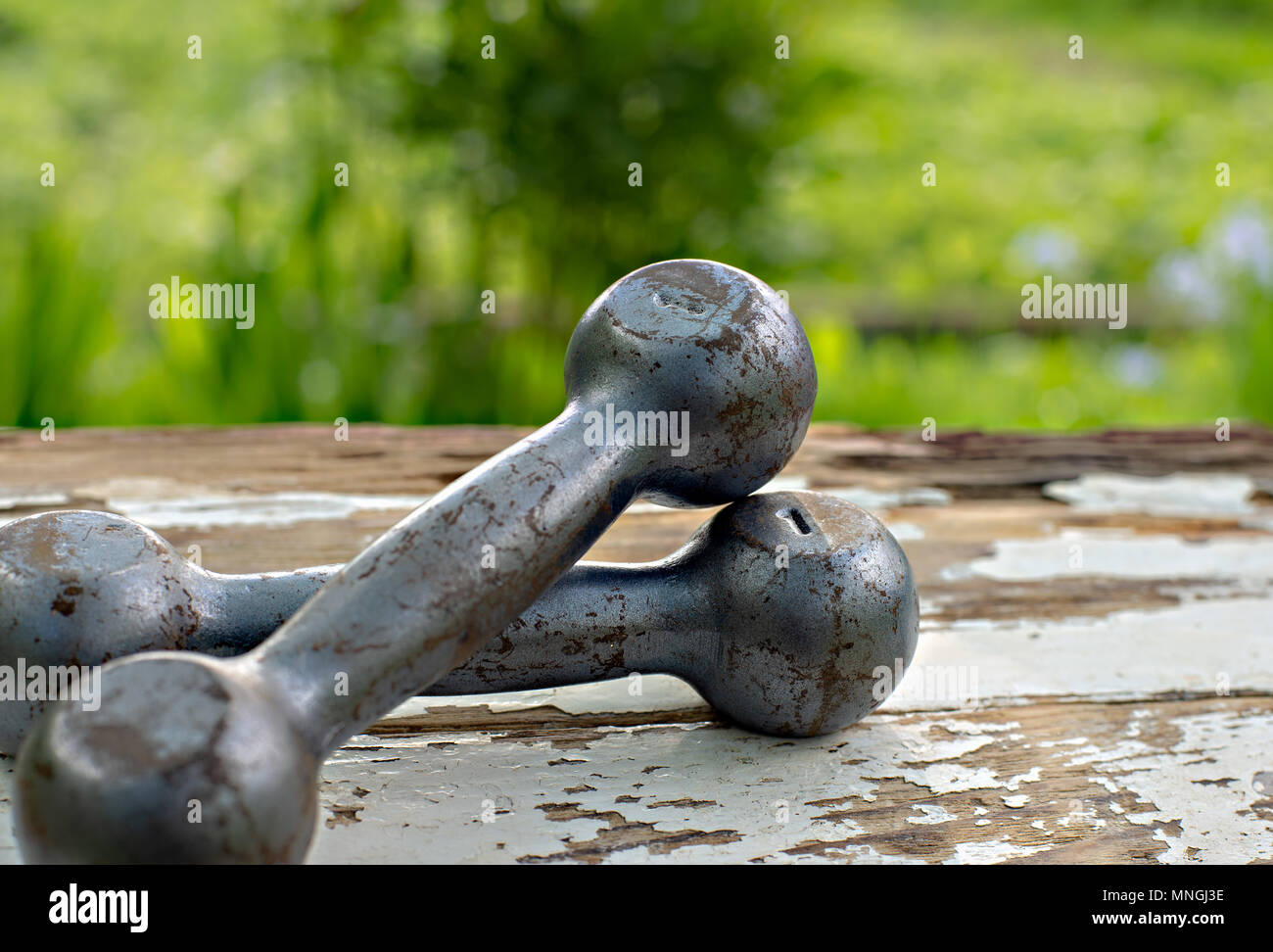 Sport und Fitness Concept. Schließen Sie herauf Bild von Vintage Hantel liegen auf Holztisch mit der Natur grüner Hintergrund Stockfoto