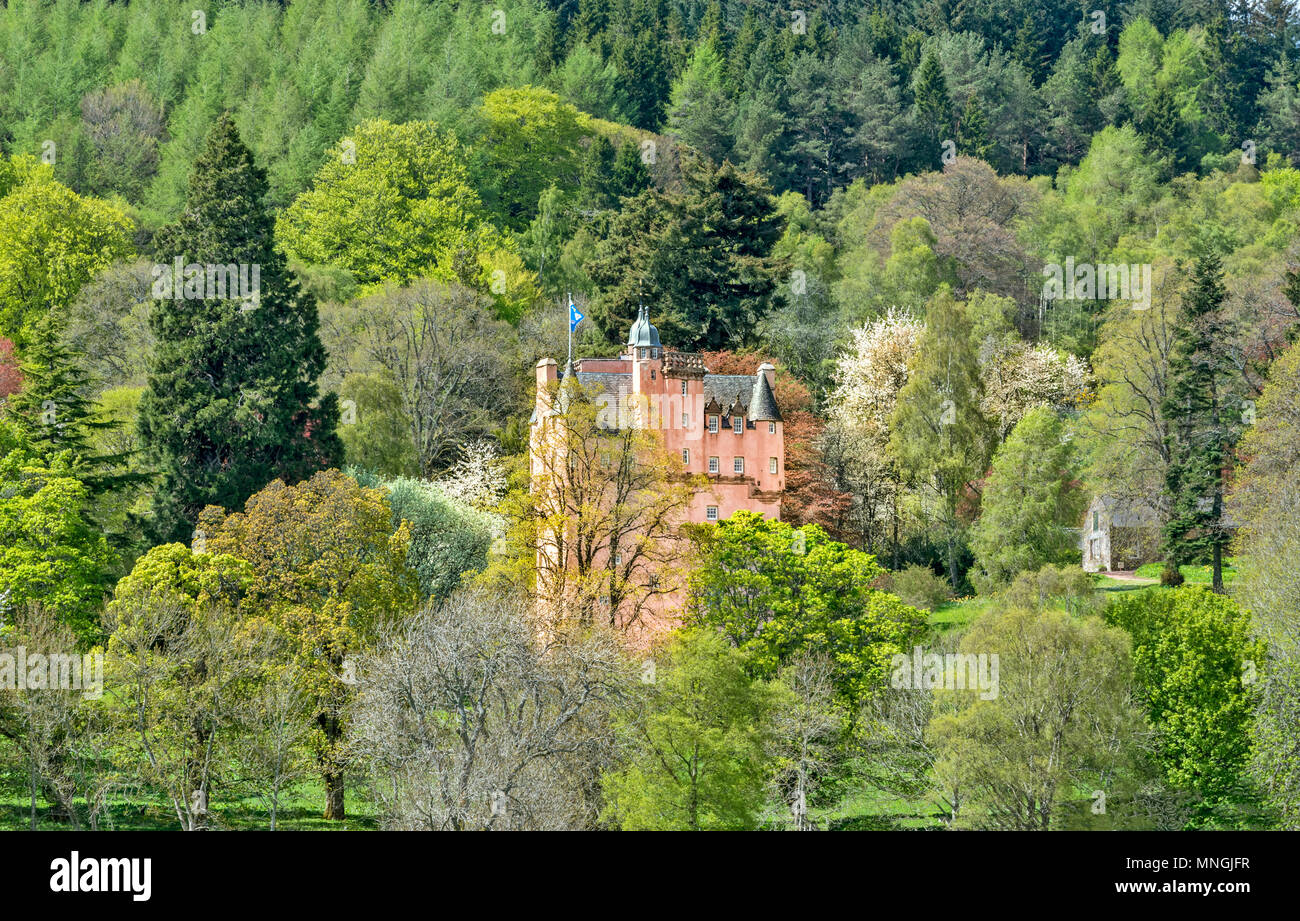 CRAIGIEVAR CASTLE ABERDEENSHIRE SCHOTTLAND ROSA Schloss inmitten von grünen Blättern und Blüten der Bäume im Frühling Stockfoto