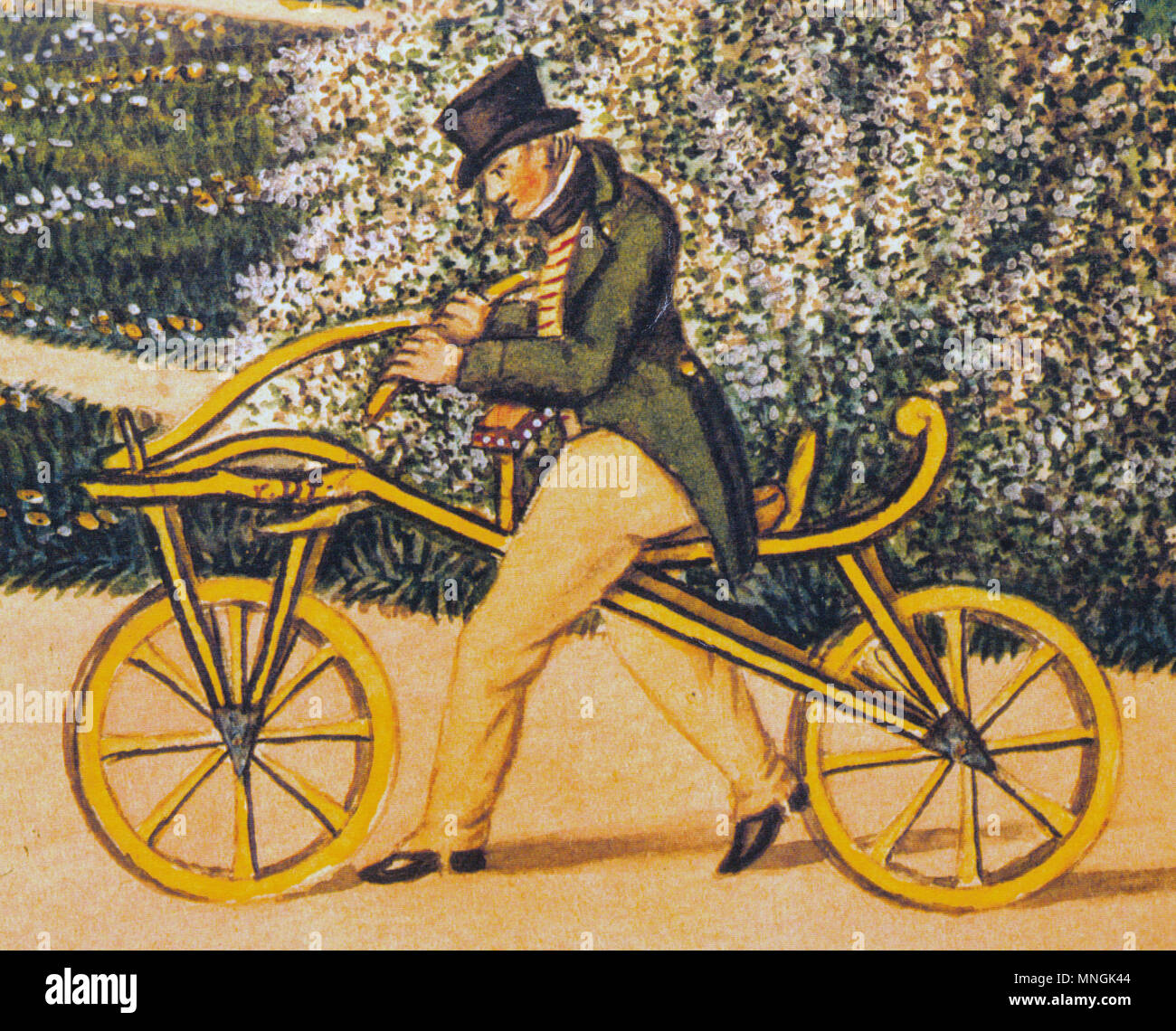 KARL von drais (1785-1851), deutscher Erfinder auf seine ursprüngliche Laufmaschine, die ersten beiden Wheeler Fahrrad, 1819 Stockfoto
