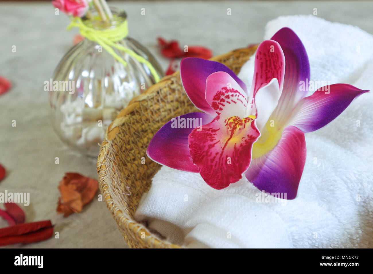 Orchid dekorieren auf dem Handtuch Spa. Stockfoto