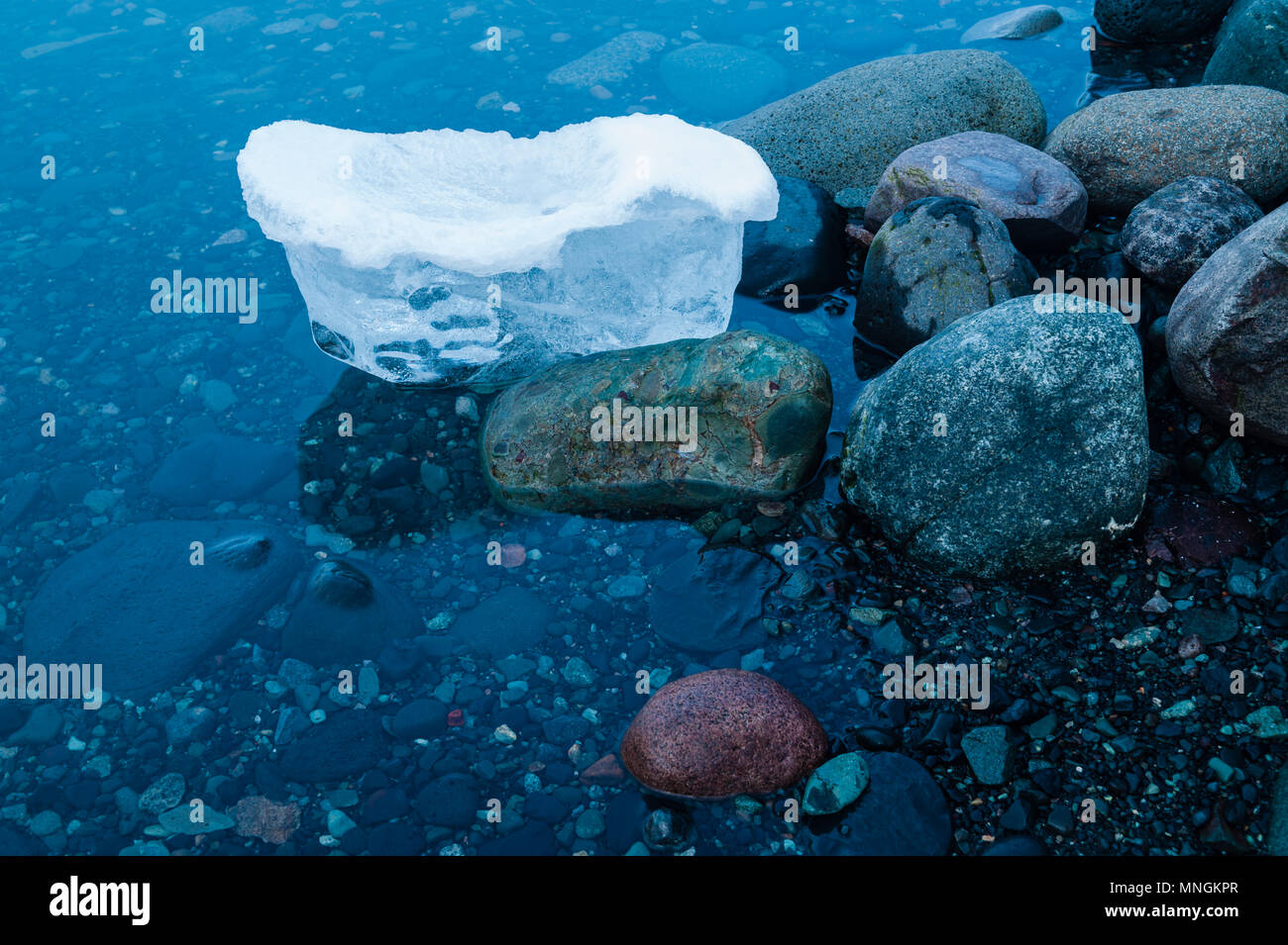 Ice Rock in einer Gruppe von Felsen am Ufer des Jökulsárlón Gletschersee, Island april 2018 Stockfoto