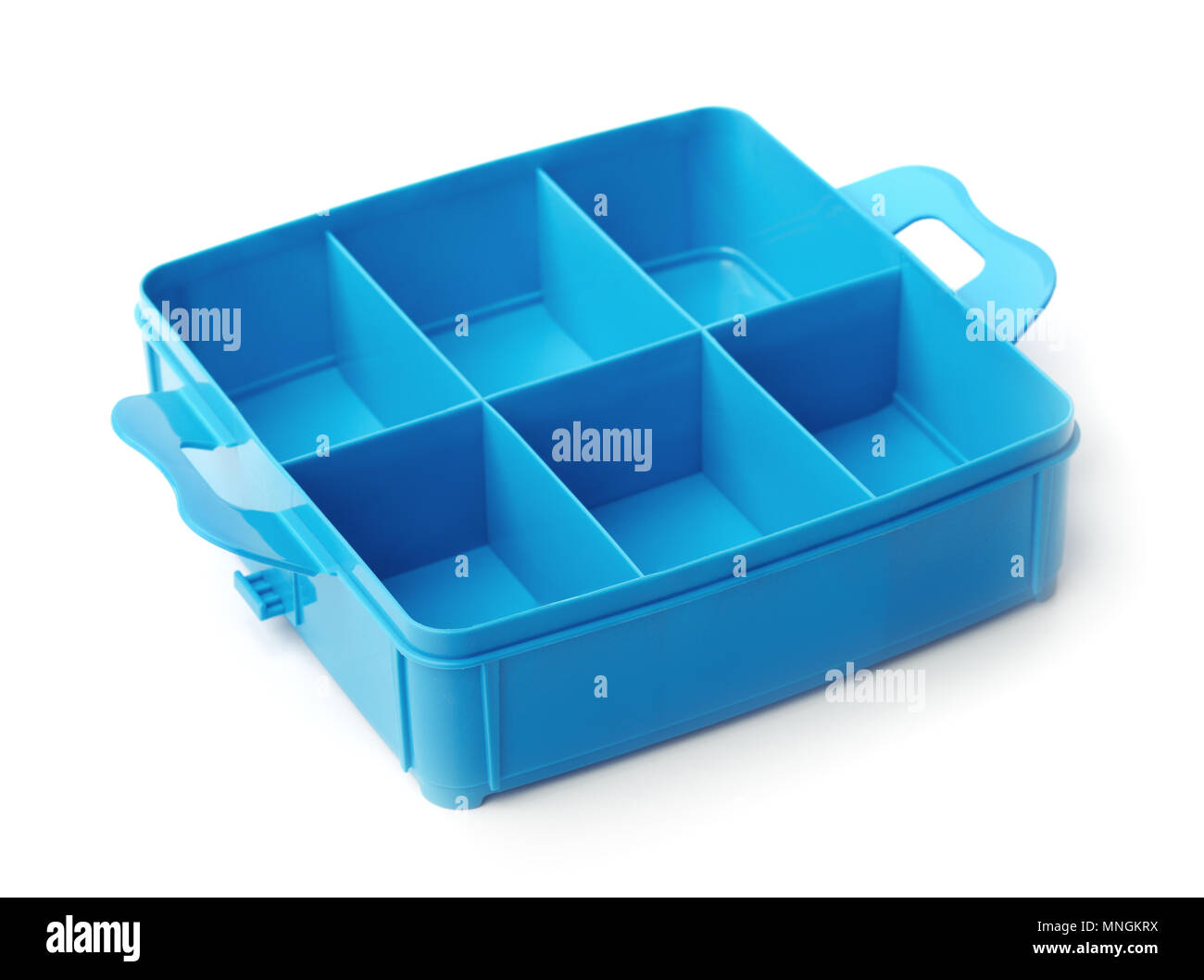 Kunststoff blau Organizer box isoliert auf weißem Stockfoto