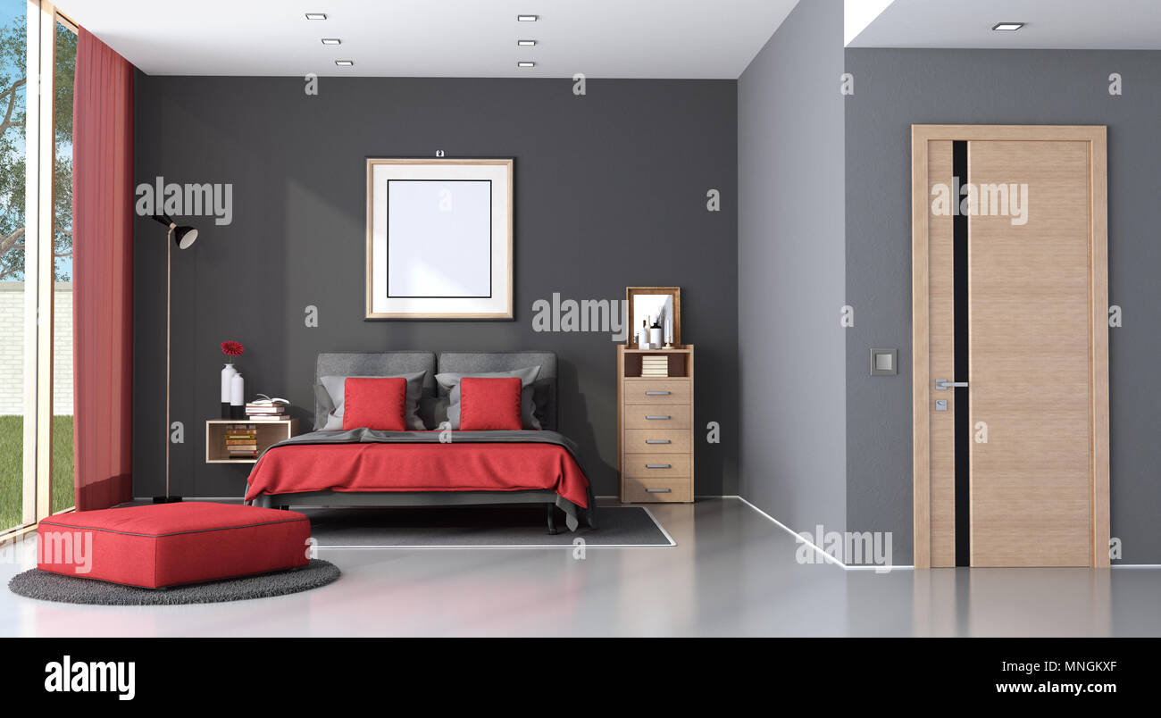 Meister der Moderne Schlafzimmer mit Doppelbett, Kommode mit Schubladen und Tür geschlossen - 3D-Rendering Stockfoto