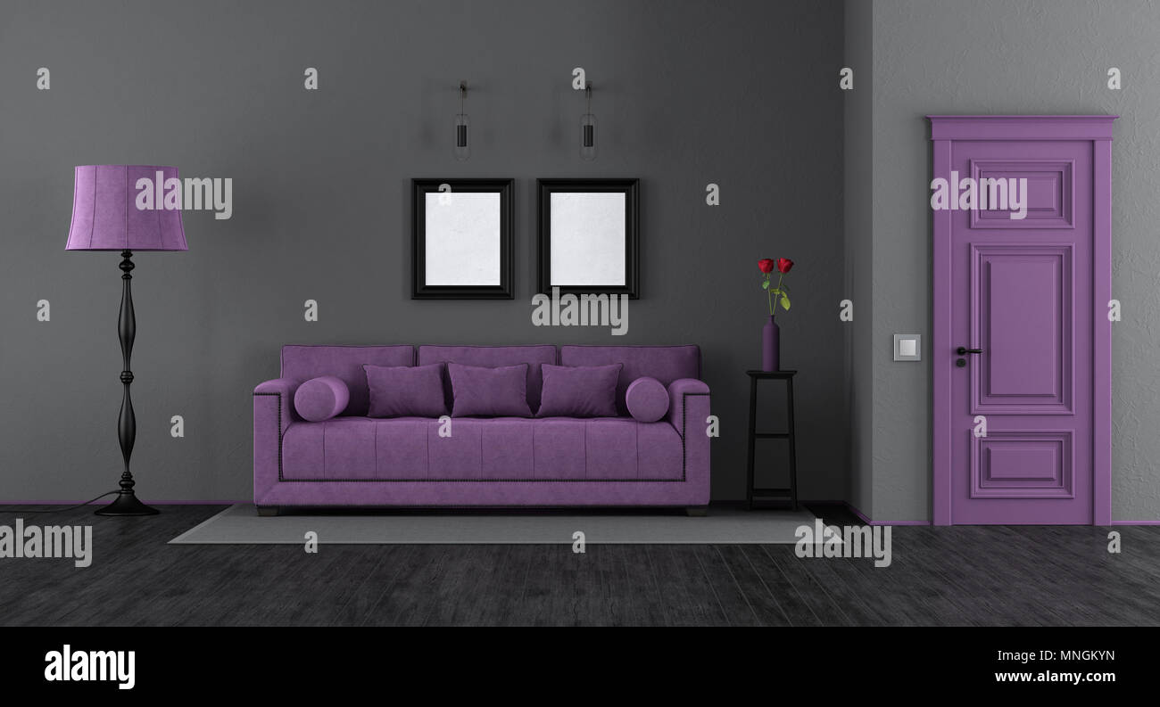In elegantem Schwarz und Lila Wohnzimmer mit Sofa, Tischleuchte und geschlossene Tür - 3D-Rendering Stockfoto