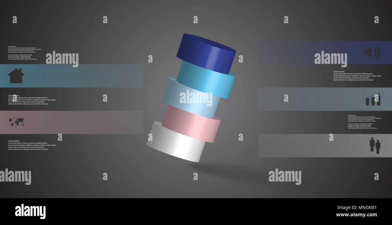 3D-Illustration Infografik Vorlage mit dem Motiv des Horizontal geschnitten Zylinder bis zu fünf Farben, die schräg angeordnet sind. Einfache Zeichen und Text ist Stock Vektor