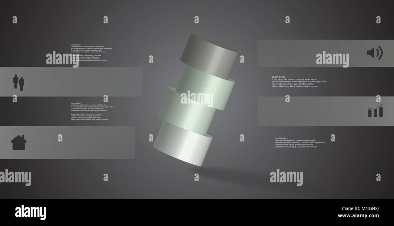 3D-Illustration Infografik Vorlage mit dem Motiv des Horizontal geschnitten Zylinder zu vier Farbe teilen, die schräg angeordnet sind. Einfache Zeichen und Text ist Stock Vektor