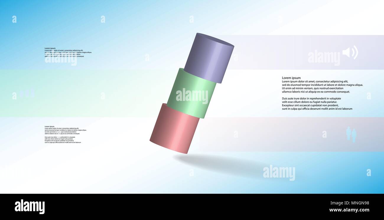 3D-Illustration Infografik Vorlage mit dem Motiv des Horizontal geschnitten Zylinder zu drei Teile, die schräg angeordnet sind. Einfache Zeichen und Text ist Stock Vektor