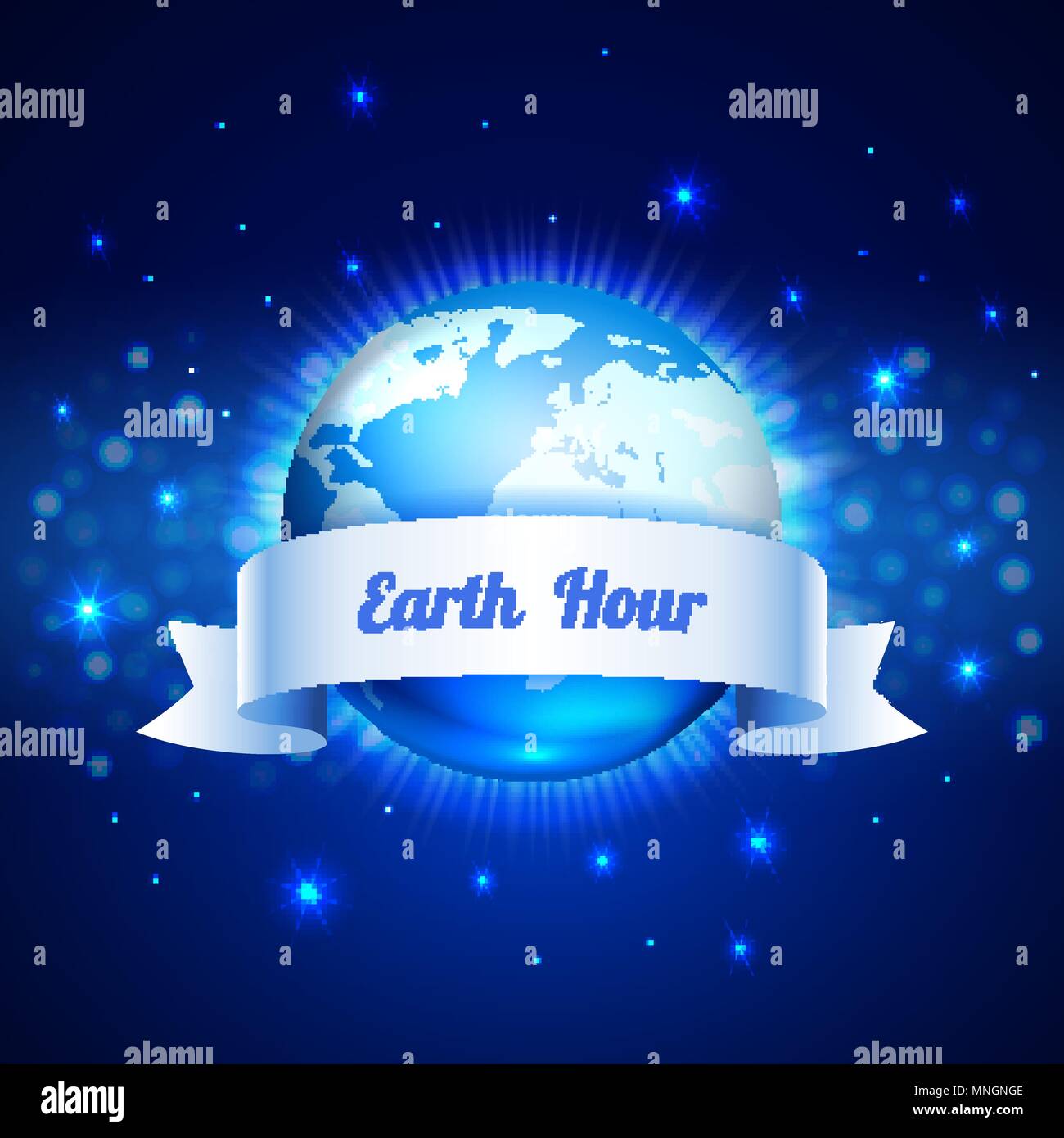 Planet Globe mit weißem Band auf der Blue Space Hintergrund. Die Earth Hour, Konzept, Vektor, Abbildung Stock Vektor