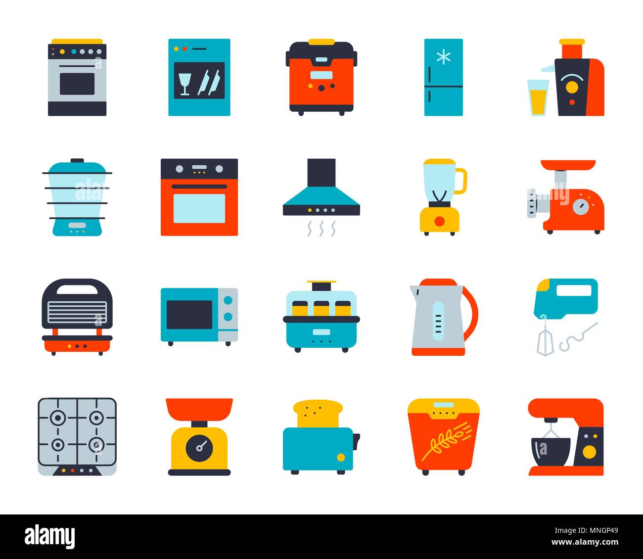 Küchengerät flachbild Symbole gesetzt. Web sign Kit der Ausrüstung. Elektronik Piktogramm Sammlung umfasst Standmixer, Entsafter, Gas. Einfache Küche cartoon Co Stock Vektor