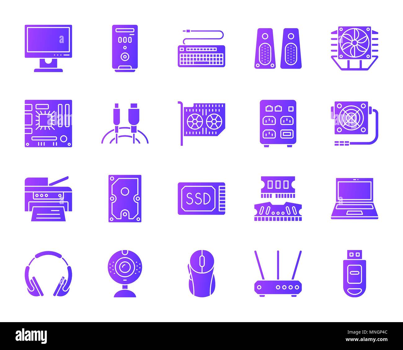 Computer silhouette Symbole gesetzt. Lila web sign Kit der Elektronik. Isolierte Gadget Piktogramm Sammlung umfasst Prozessor, Festplatte, Drucker. Einfach ultra Stock Vektor