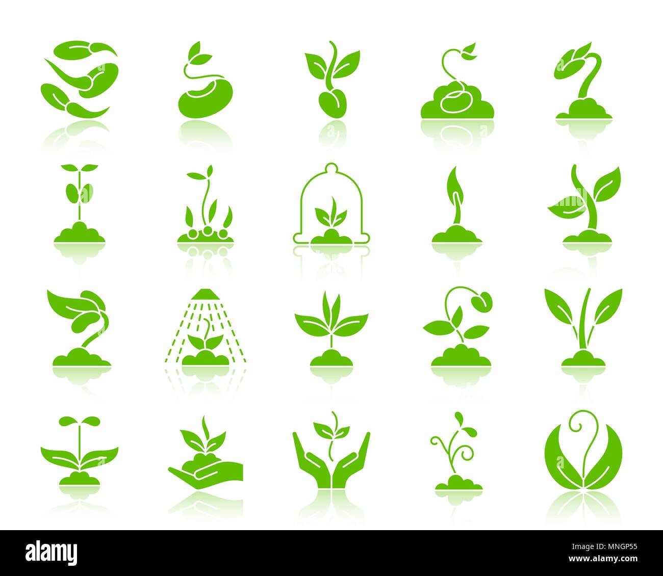 Sprout green silhouette Symbole gesetzt. Web sign Kit von Samen. Anlage monochrome Piktogramm Sammlung umfasst Blume, Gras, Baum. Einfach sprießen Symbol wit Stock Vektor