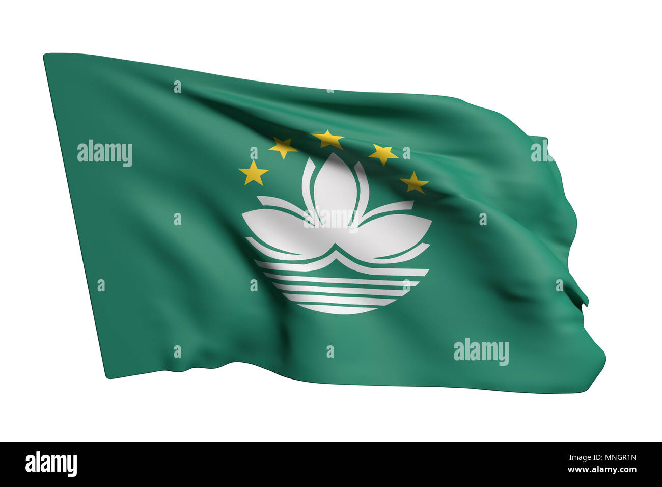 3D-Rendering von Macau Flagge schwenkten auf weißem Hintergrund Stockfoto