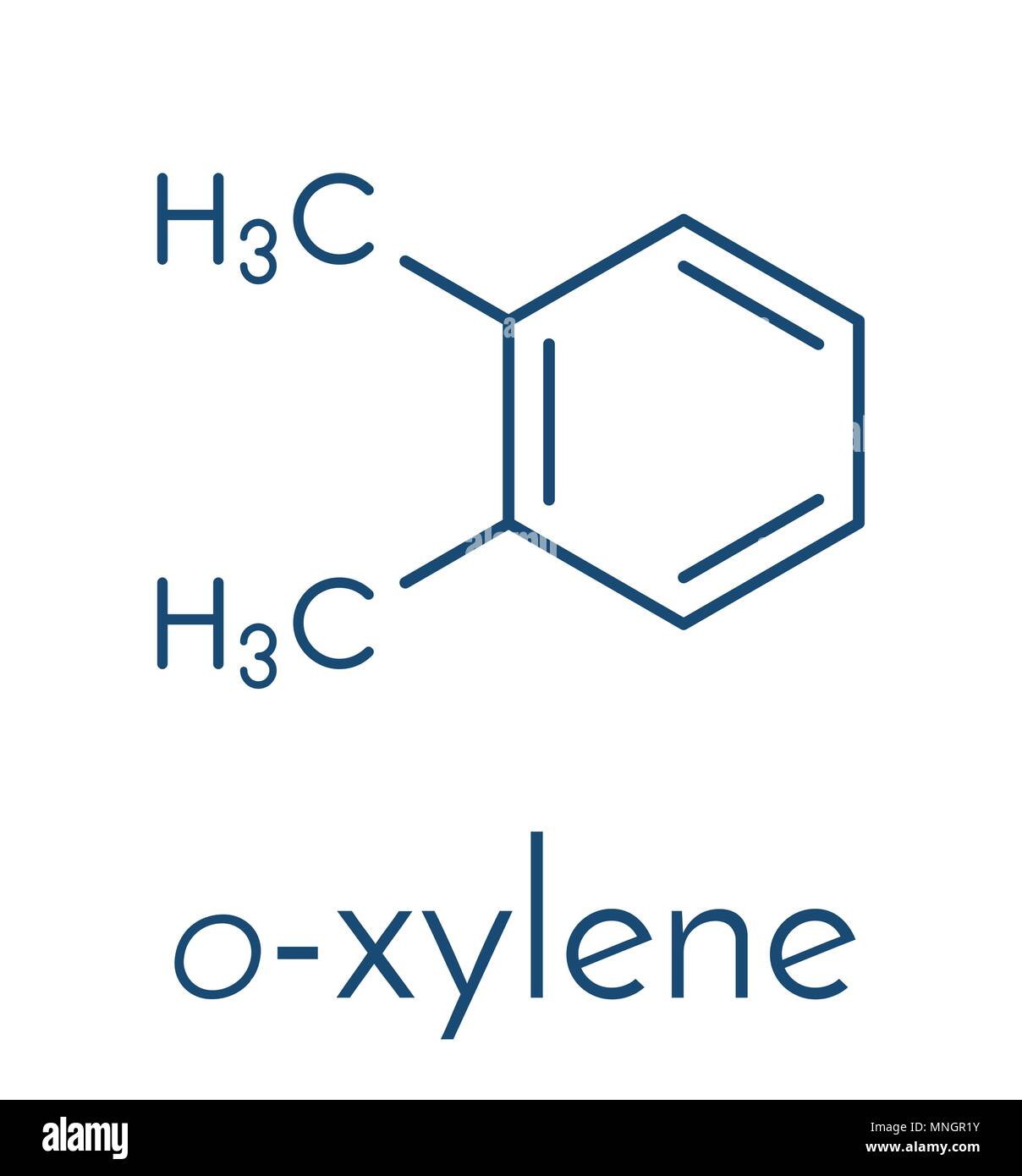 Ortho-Xylol (o-Xylol) aromatische Kohlenwasserstoffe Molekül. Skelettmuskulatur Formel. Stock Vektor