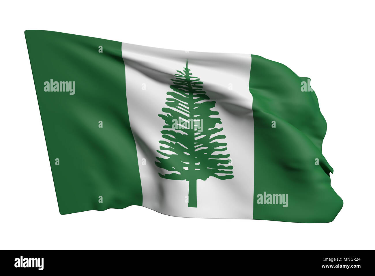 3D-Rendering von Norfolk Island Flagge schwenkten auf weißem Hintergrund Stockfoto