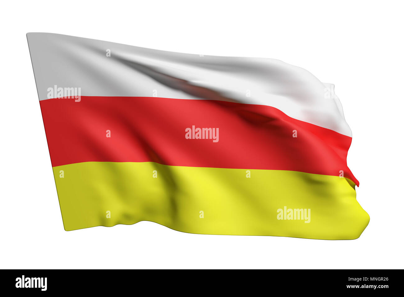 3D-Rendering von Südossetien Flagge schwenkten auf weißem Hintergrund Stockfoto