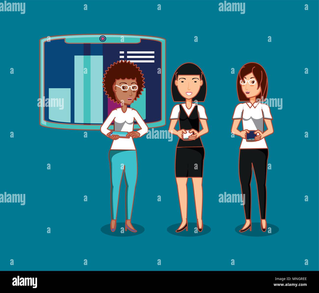 Cartoon Leute stehen, die bei der Verwendung des Handys über blauen Hintergrund, farbenfrohen Design. Vector Illustration Stock Vektor