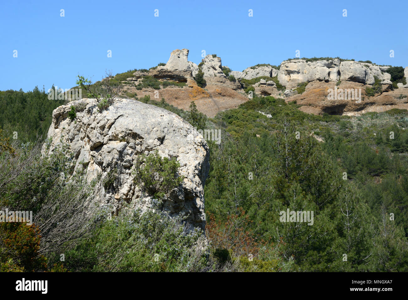 Blick auf die La Bau Rous Steine oder Felsen auf der Route des Crêtes Calanques Nationalpark La Ciotat Provence Frankreich Stockfoto