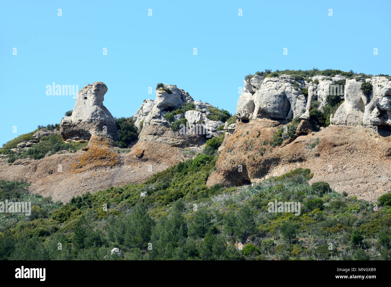 Blick auf die La Bau Rous Steine oder Felsen auf der Route des Crêtes Calanques Nationalpark La Ciotat Provence Frankreich Stockfoto