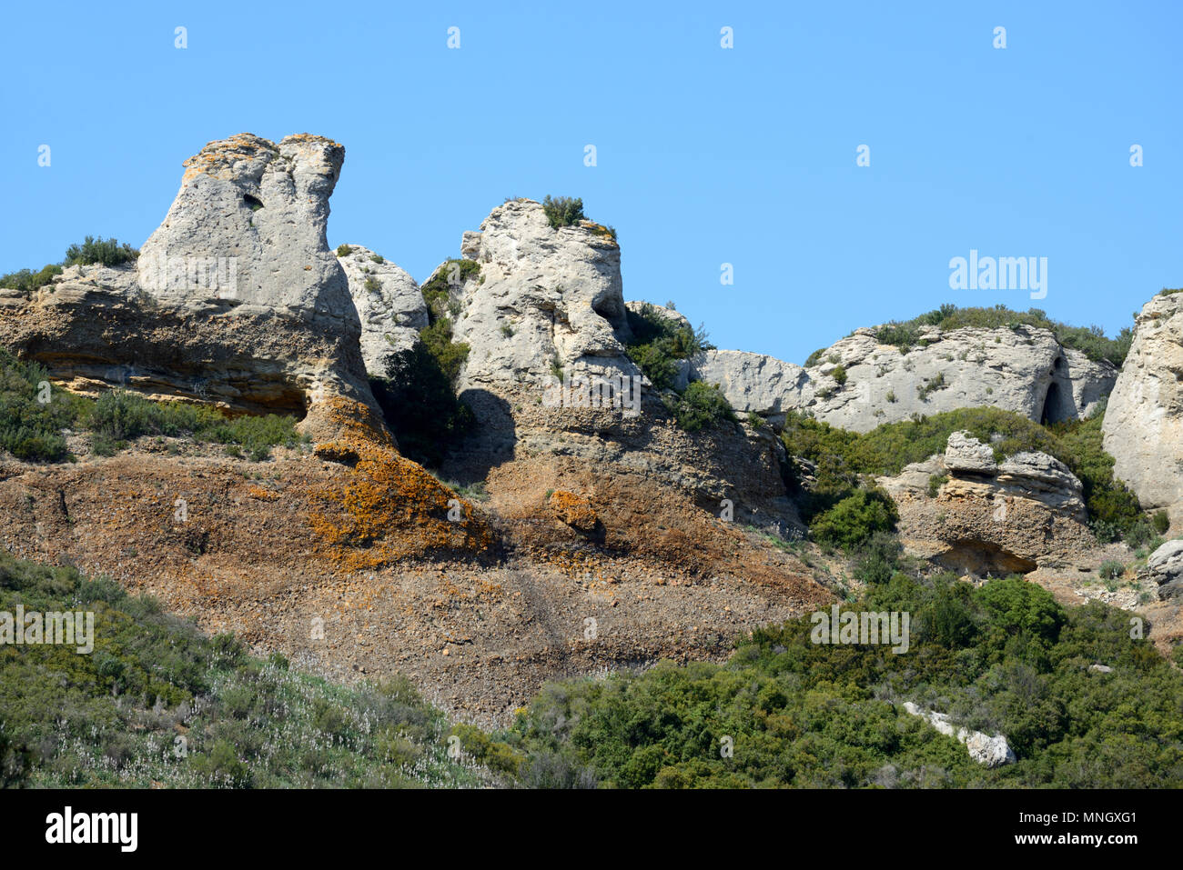 Blick auf die La Bau Rous Steine oder Felsen auf der Route des Crêtes Calanques Nationalpark La Ciotat Provence Frankreich Stockfoto