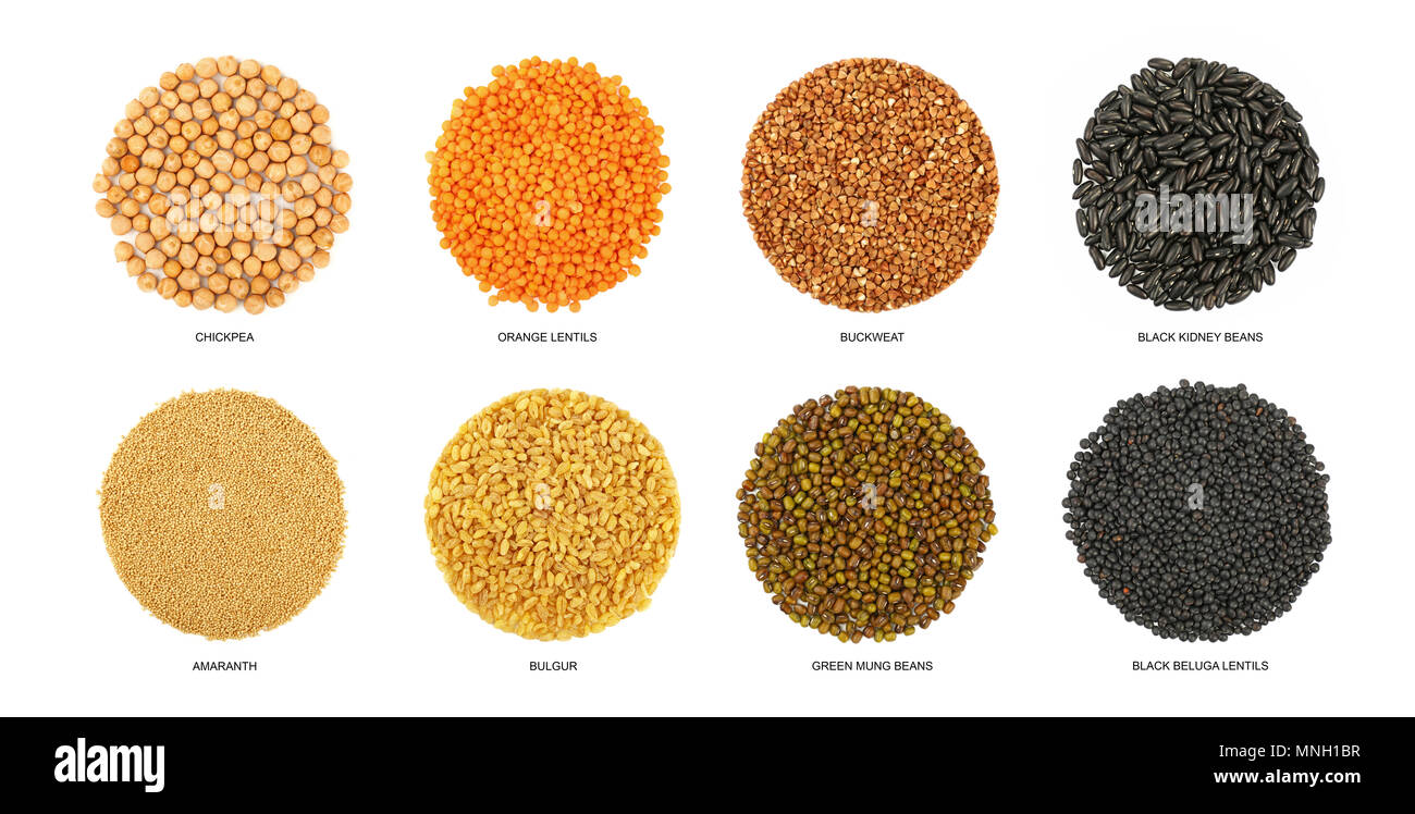 Runde verschiedene Getreide (Kichererbsen, Linsen, Buchweizen, Bohnen, mung, amaranth und Bulgur) auf weißem Hintergrund, Nahaufnahme, erhöhen Stockfoto