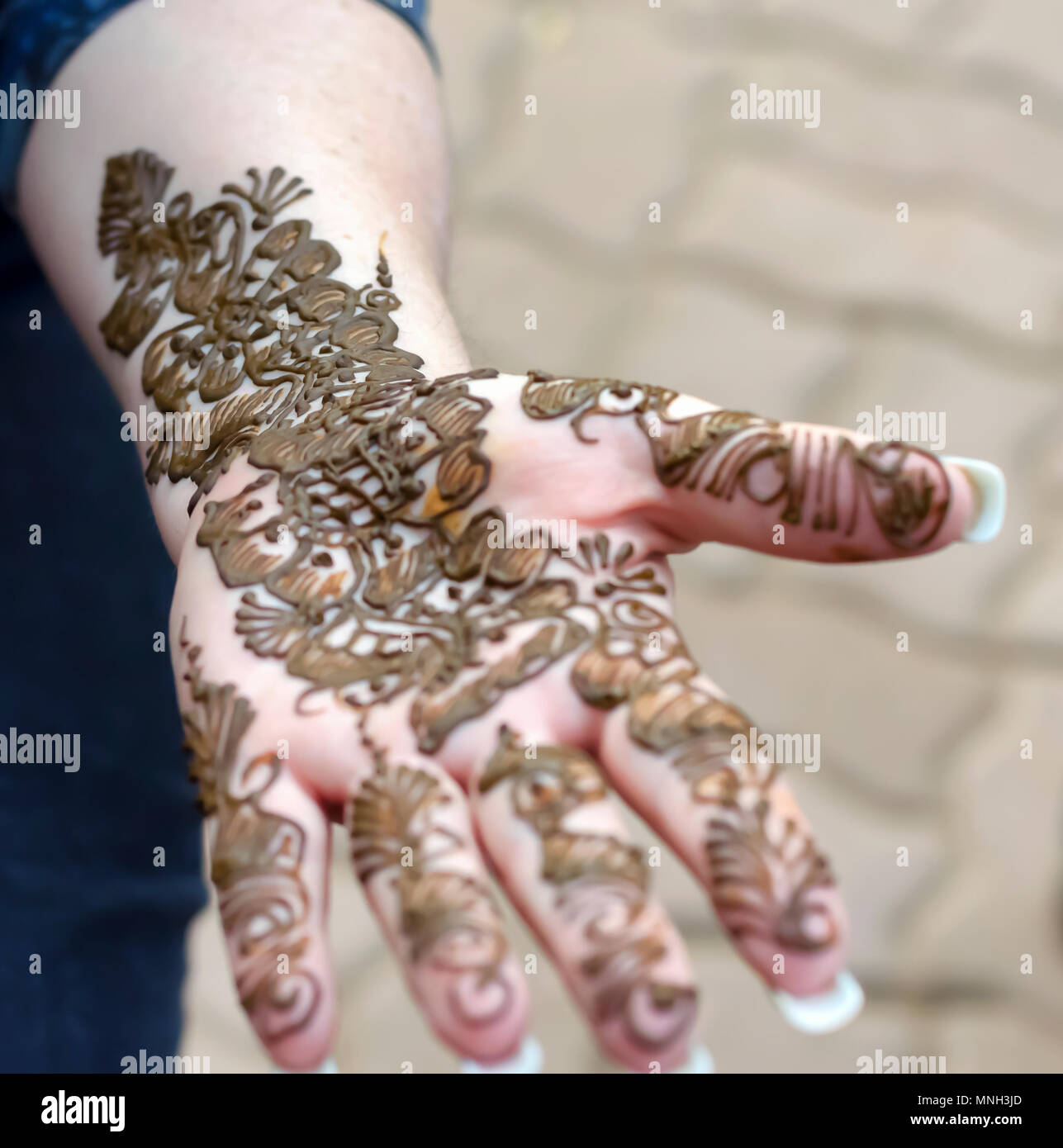 Mehndi paste Trocknen an Hand einer Frau, die durch ein Henna artist an  Shilparamam Kunst und Handwerk Dorf, Hyderabad, Indien angewendet. Kunst  Förderung der Vielfalt Stockfotografie - Alamy