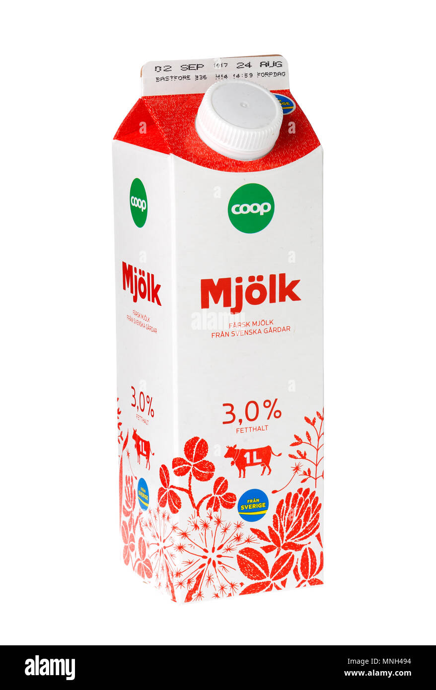 Stockholm, Schweden, 16. November 2017: Eine rote Milch Karton mit Milch mit 3 Prozent Fett für den schwedischen Markt. Diese Milch Box wurde während gefüllt Stockfoto