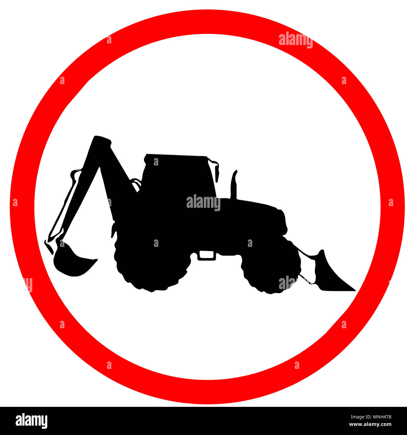 Schwere industrielle Maschine kann Ausfahrt Kreis roten Schild auf weißem Hintergrund. Stockfoto