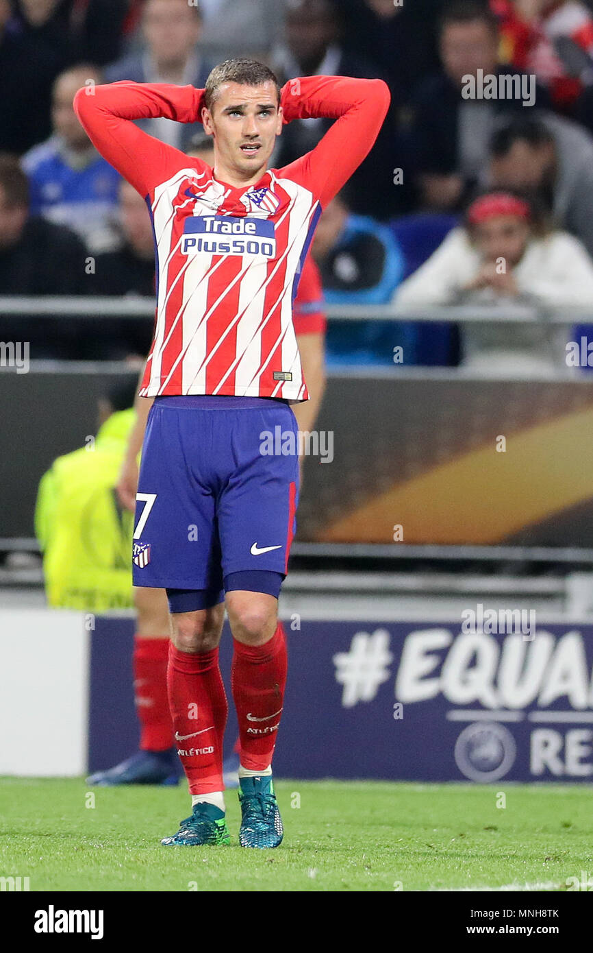 16. Mai 2018, Frankreich, Lyon: Fußball Europa League: Atletico Madrid vs Olympique Marseille auf der Groupama Stadion. Von Madrid Antoine Griezmann reagiert. Foto: Jan Woitas/dpa-Zentralbild/dpa Stockfoto