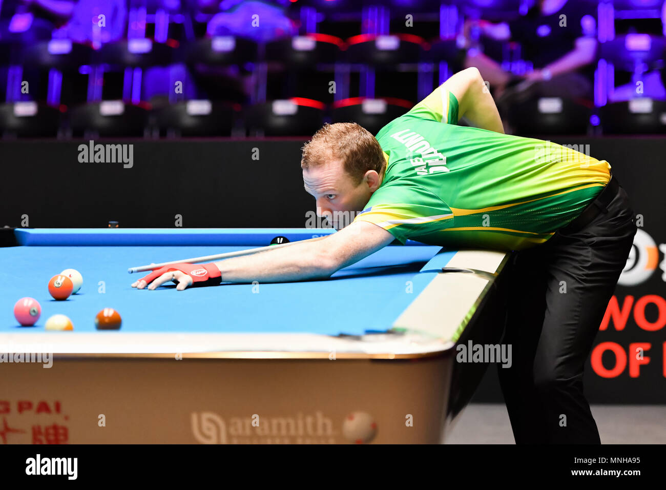 Australiens James Delahunty beim World Cup of POOL 2018: Runde 1 - Australien gegen Russland im Luwan (Gymnasium) Arena am Donnerstag, dem 17. Mai 2018. SHANGHAI, China. Credit: Taka G Wu Stockfoto
