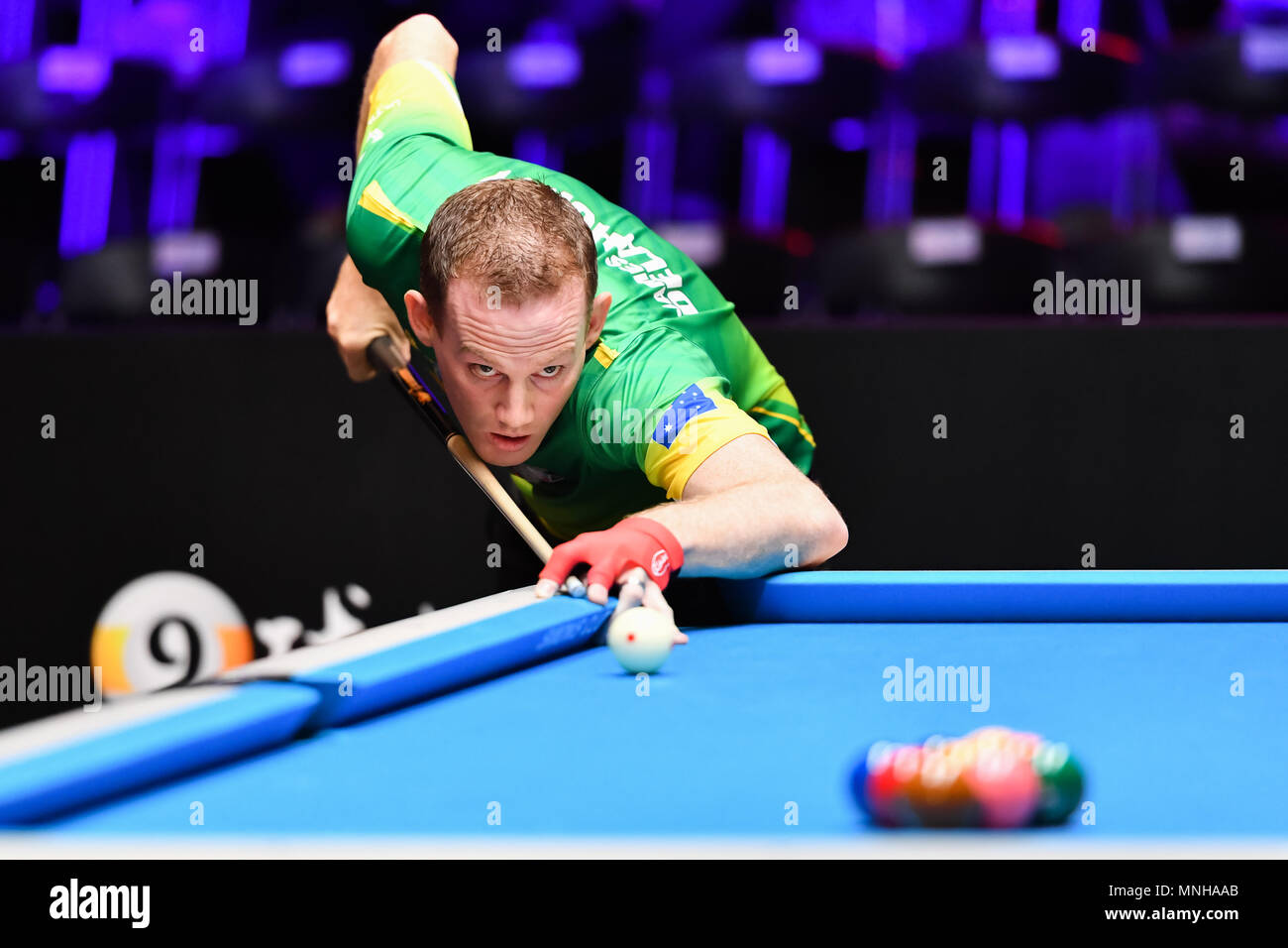Australiens James Delahunty beim World Cup of POOL 2018: Runde 1 - Australien gegen Russland im Luwan (Gymnasium) Arena am Donnerstag, dem 17. Mai 2018. SHANGHAI, China. Credit: Taka G Wu Stockfoto