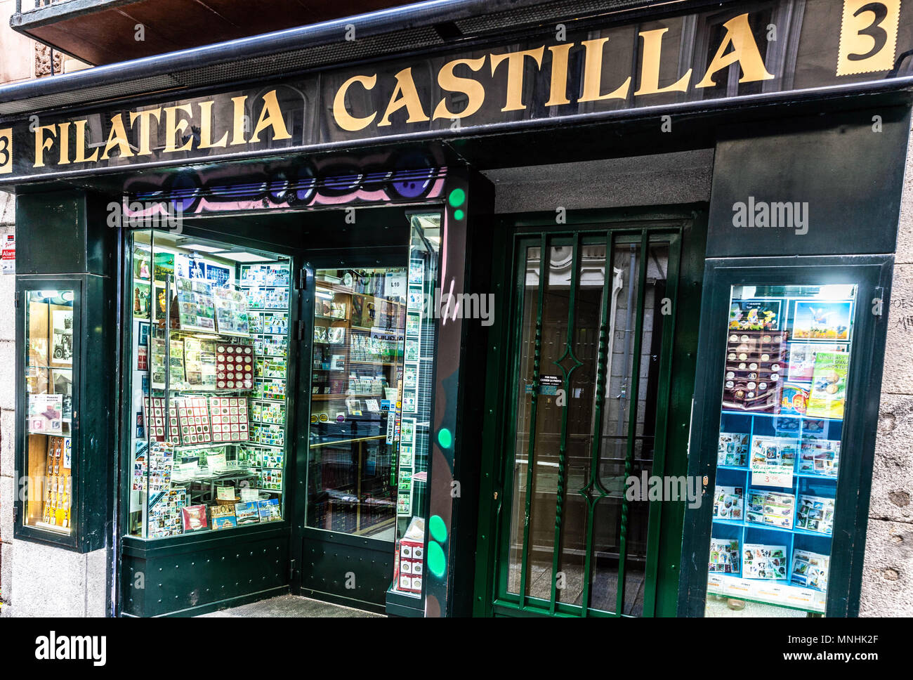 Stamp Shop Fenster, Madrid, Spanien. Stockfoto
