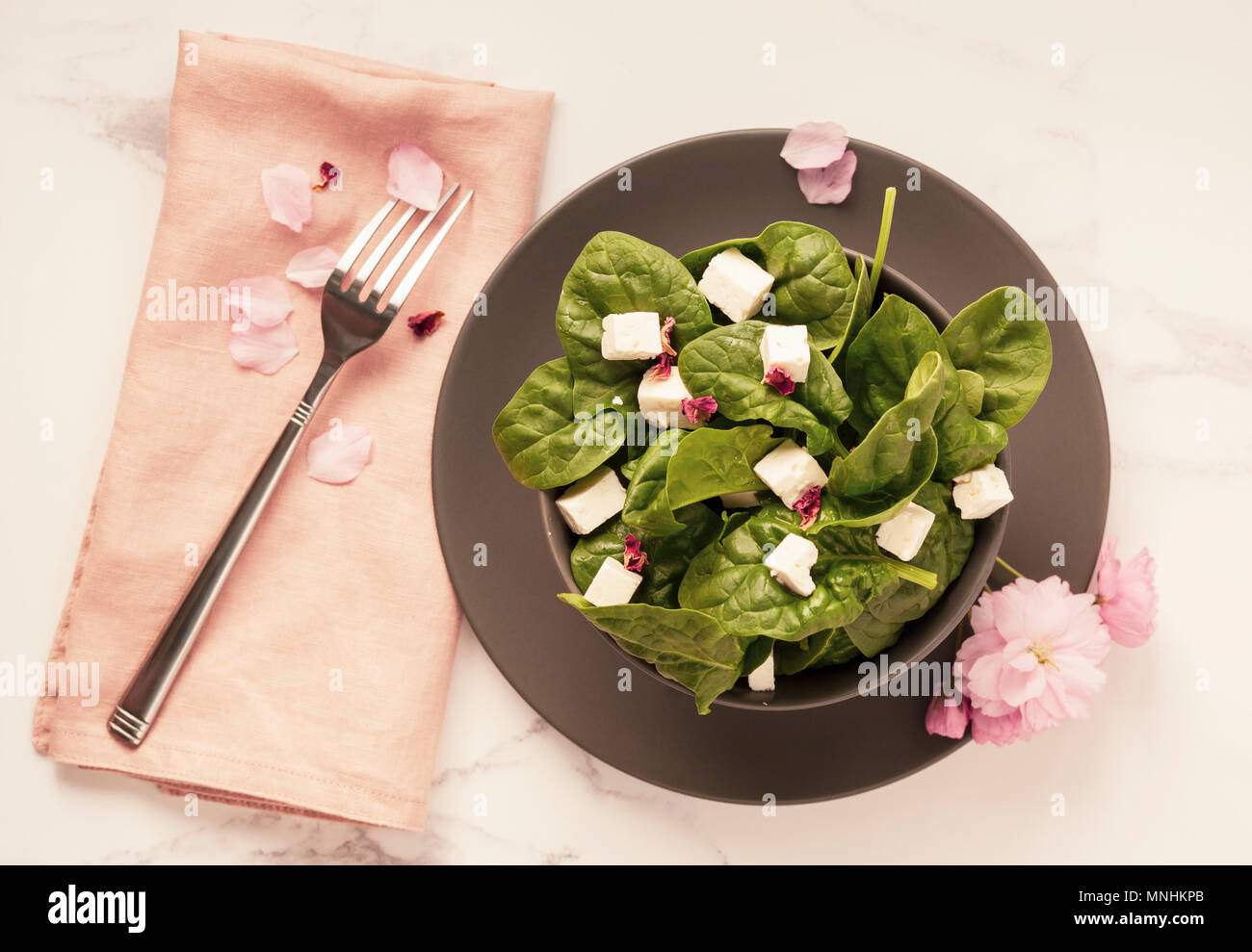 Spinat Salat mit Feta Käsewürfel Stockfoto