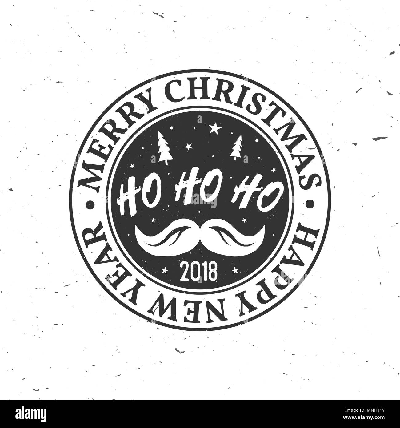 Frohe Weihnachten und ein glückliches Neues Jahr 2018 retro Template mit Weihnachtsbaum, Schnurrbart und Text Ho-Ho-Ho. Vector Illustration. Xmas Design für congratul Stock Vektor