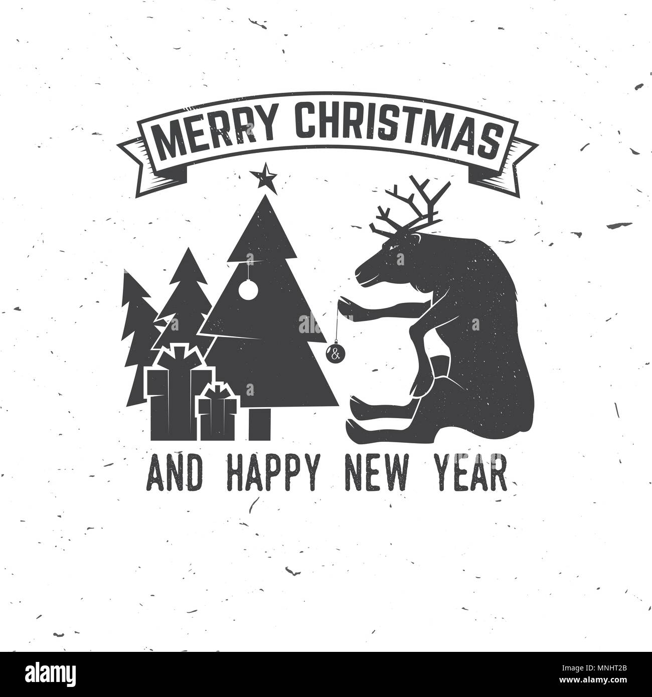 Frohe Weihnachten und ein glückliches Neues Jahr 2018 retro Template mit Weihnachtsbaum, Geschenke und Rentier. Vector Illustration. Xmas Design für Glückwunsch ca Stock Vektor