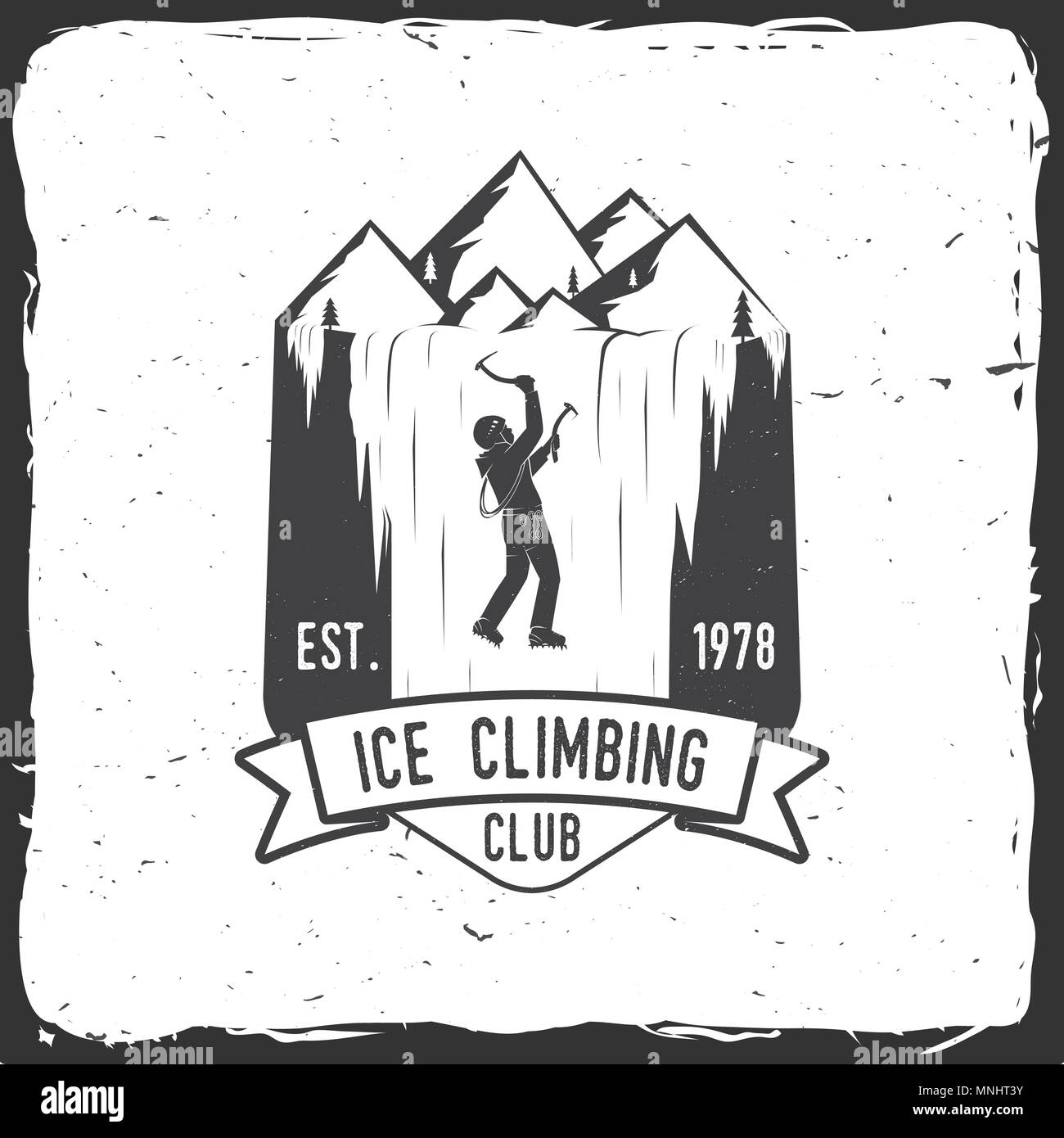 Ice Climbing club Abzeichen. Vector Illustration. Konzept für Hemd oder Logo, Print, Stempel oder T-Stück. Vintage Typografie Design mit Kletterer auf den Bergen. Stock Vektor