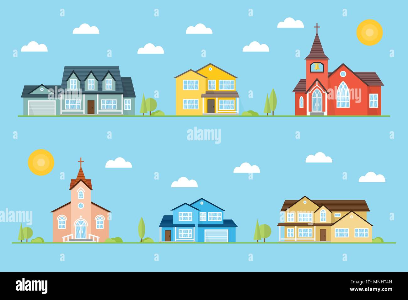 Nachbarschaft mit Häusern und Kirchen auf den blauen Hintergrund dargestellt. Vektor flachbild Symbol suburban amerikanische Häuser Tag, Nacht. Für web design und Appl Stock Vektor