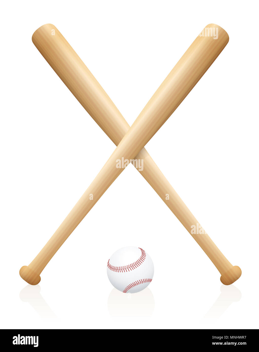 Zwei gekreuzte Baseballschläger mit einer Kugel unter. Symbol für den sportlichen Wettkampf, Spiel, Wettbewerb, Kampf, Kämpfen. Stockfoto
