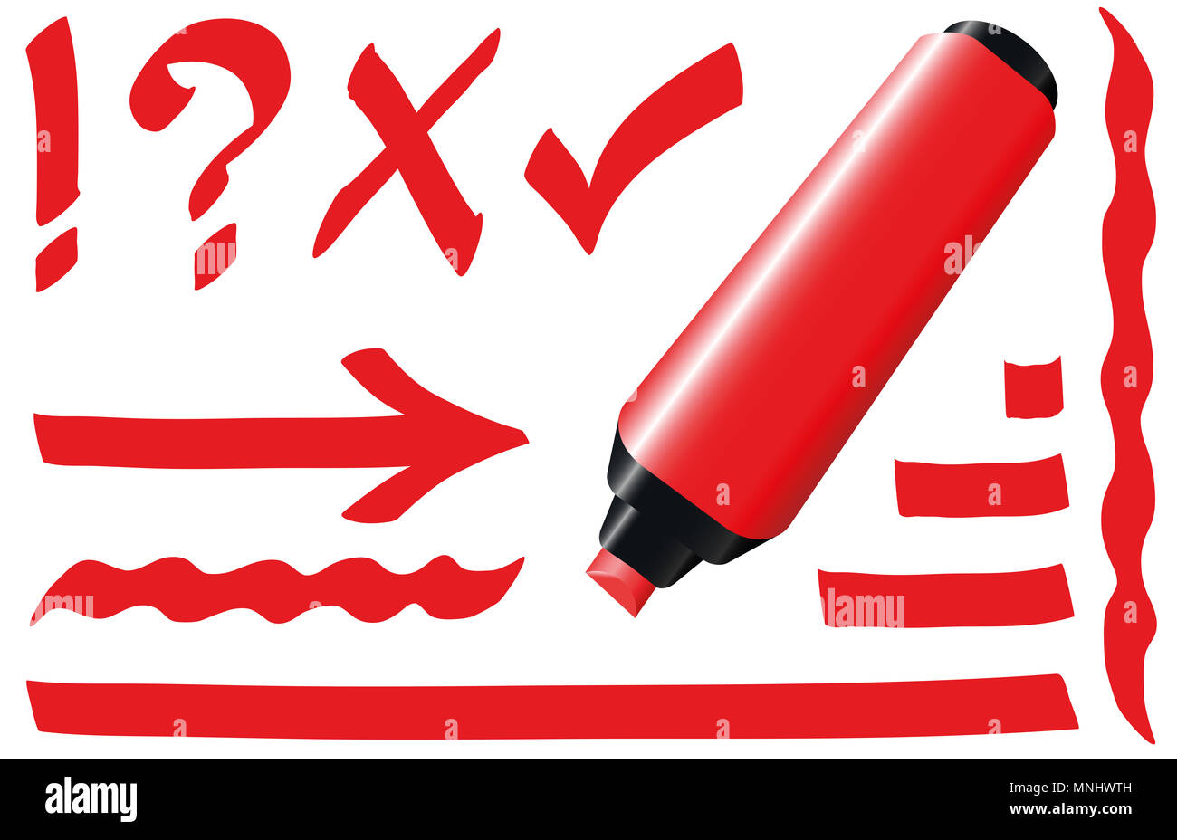 Rot Textmarker. Leuchtend rote Marker Pen plus Striche und Zeichen wie Rufzeichen, Fragezeichen, Häkchen und Pfeil. Stockfoto