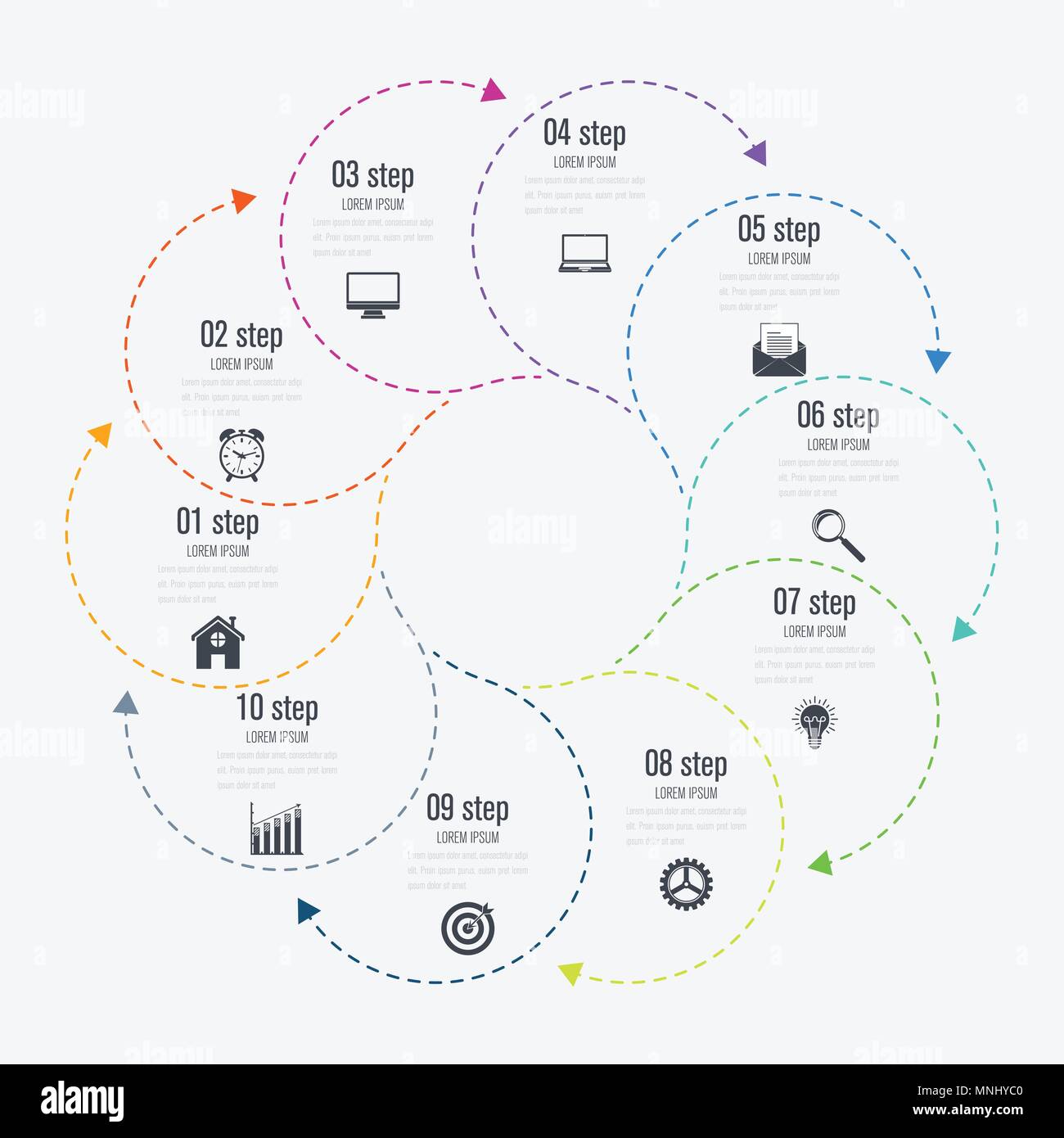 Infografiken Vorlage 10 Optionen mit Kreis Stock Vektor