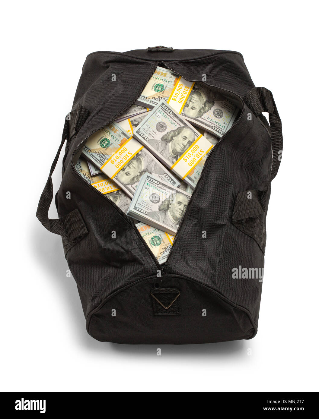 Schwarz Seesack voller Geld isoliert auf einem weißen Hintergrund. Stockfoto