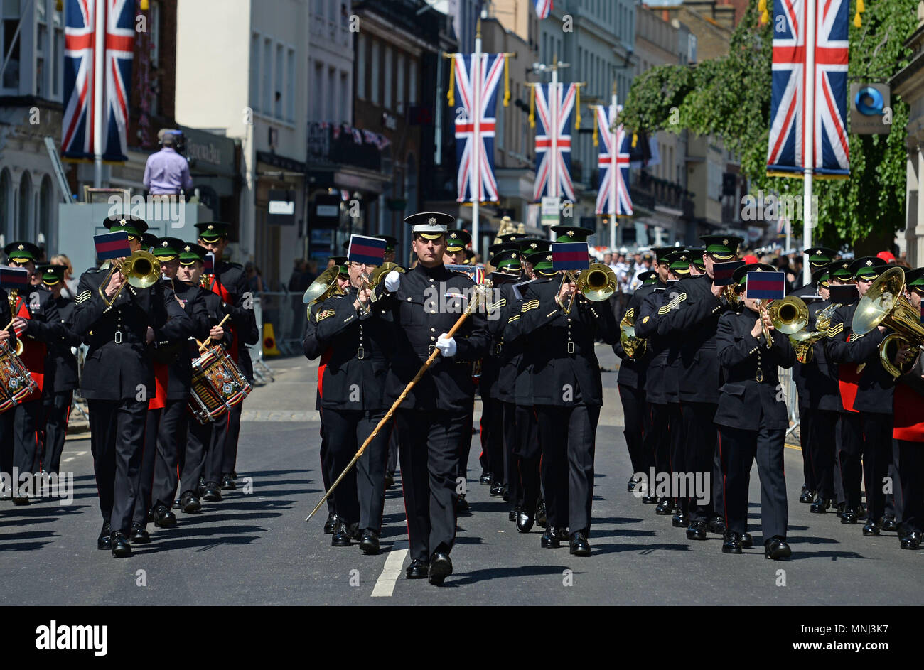 Mitglieder der Streitkräfte während einer Parade Probe in Windsor, Berkshire vor der Hochzeit von Prinz Harry und Meghan Markle dieses Wochenende. Stockfoto