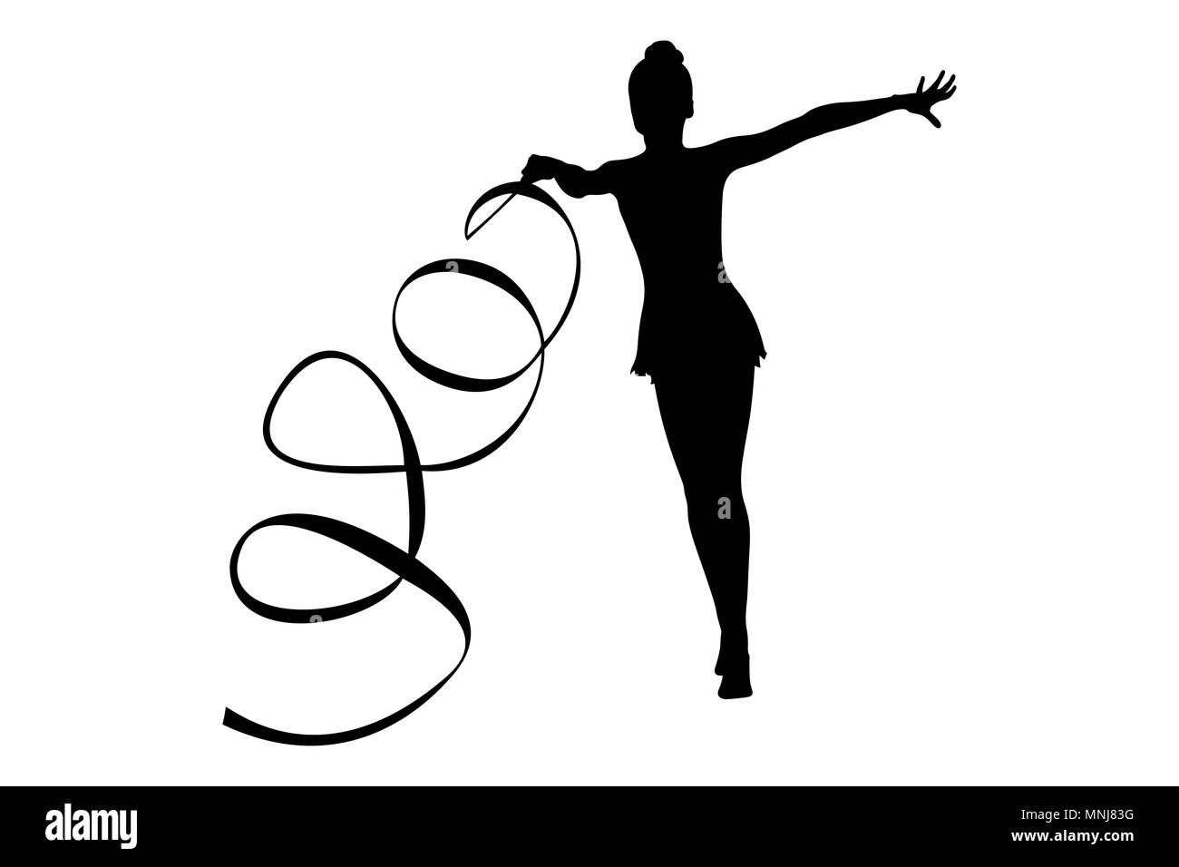 Übung mit Band rhythmische Gymnastik Mädchen schwarze Silhouette Stockfoto