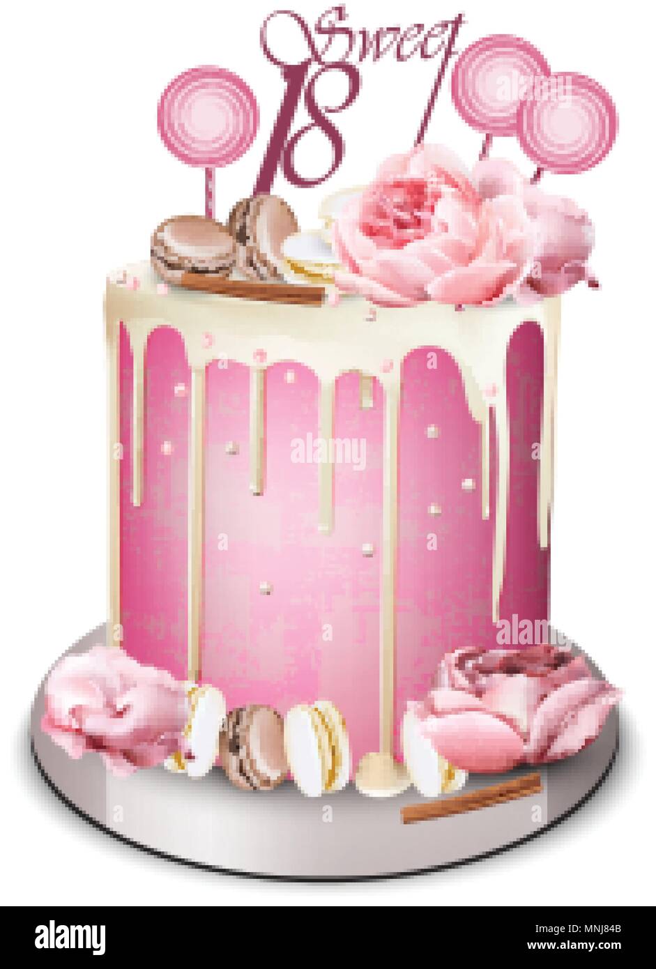 Rosa Kuchen mit Pfingstrose Blüten auf Vektor realistisch. Weiße Schokolade Zuckerguss. Geburtstag, Jubiläum, Hochzeit royal Dessert Stock Vektor