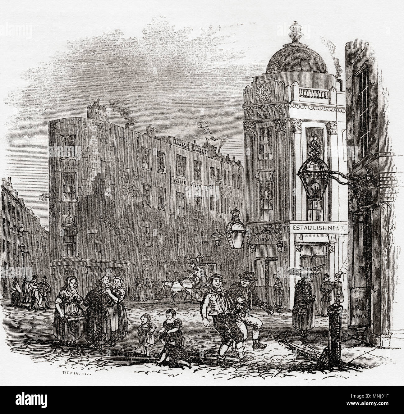 Seven Dials, West End von London, England, hier im frühen 19. Jahrhundert gesehen. Aus Old England: eine bildliche Museum, veröffentlicht 1847. Stockfoto