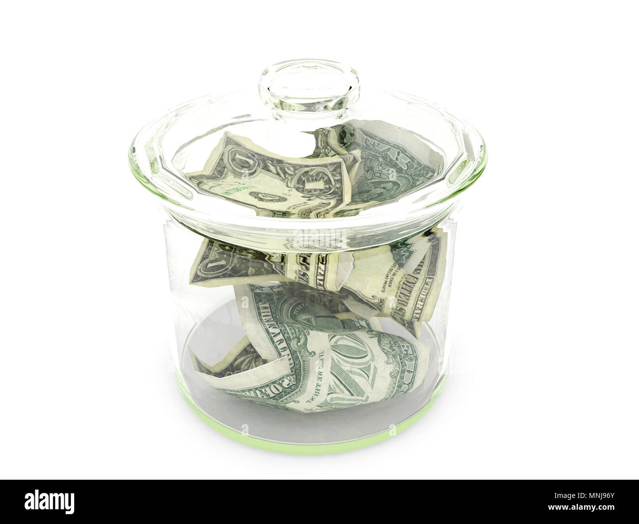 Dollar Geld in Glasflasche auf weißem Hintergrund, Konzept Stockfoto