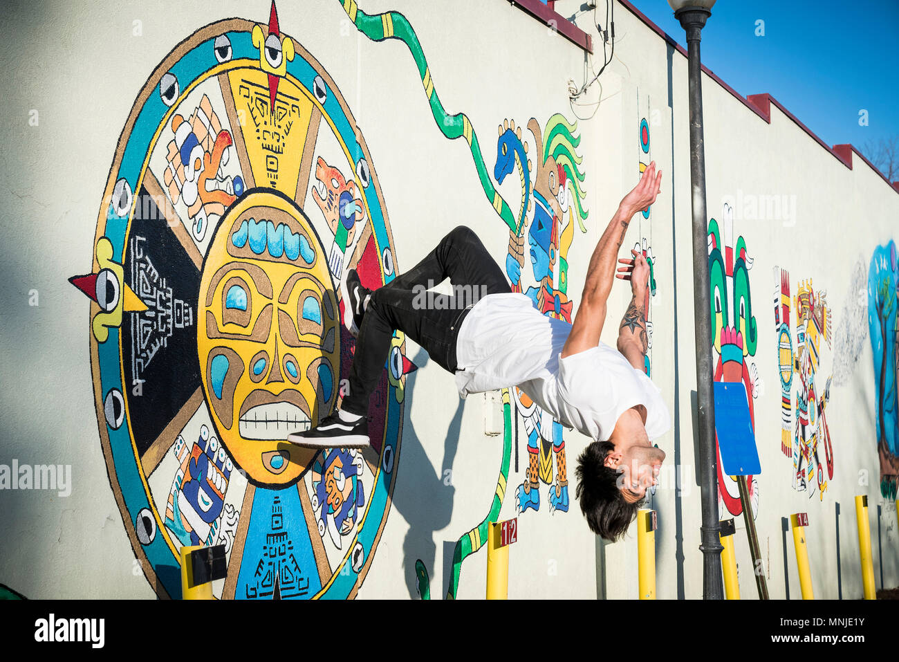Junge parkour Sportler backflip aus tun, Wall Street Art abgedeckt, Denver, Colorado, USA Stockfoto