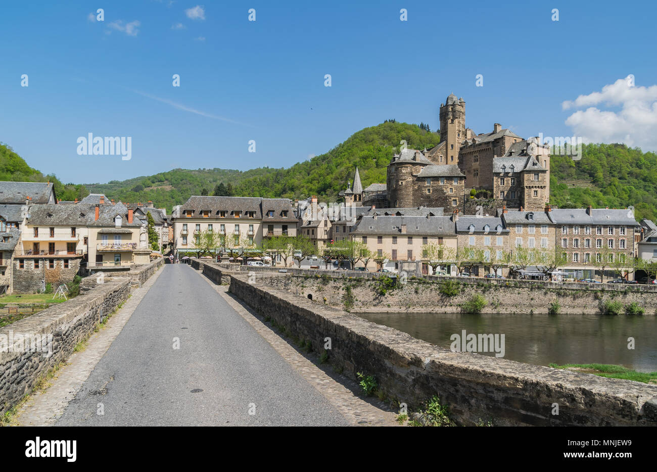 Blick auf das Schloss von von der Brücke Estaing über Fluss Lot, Aveyron, Frankreich Stockfoto