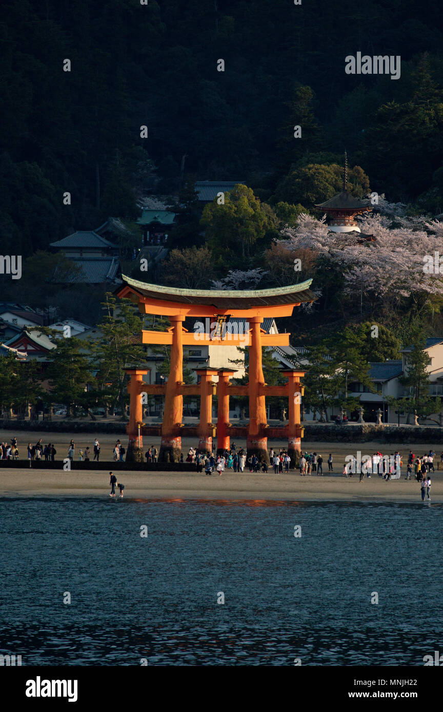 Itsukushima Schrein bei Sonnenuntergang auf der Insel Miyajima, Japan Stockfoto