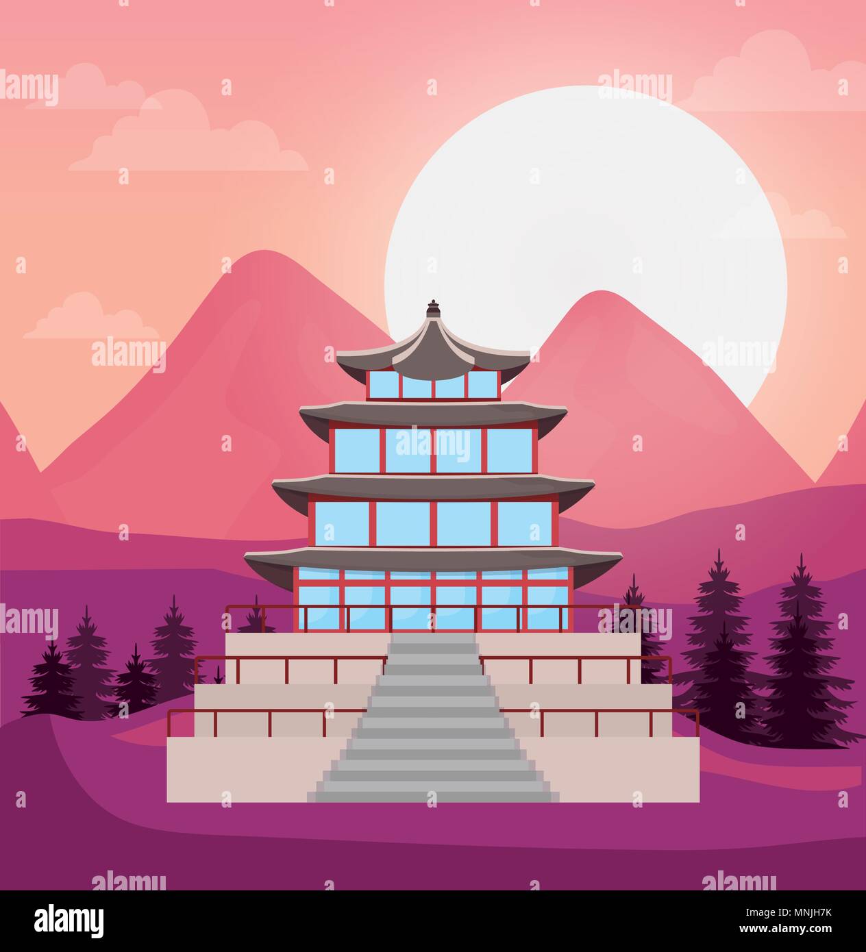 Südkorea Design mit traditionellen und ikonischen Gebäude über Landschaft Hintergrund, farbenfrohen Design. Vector Illustration Stock Vektor