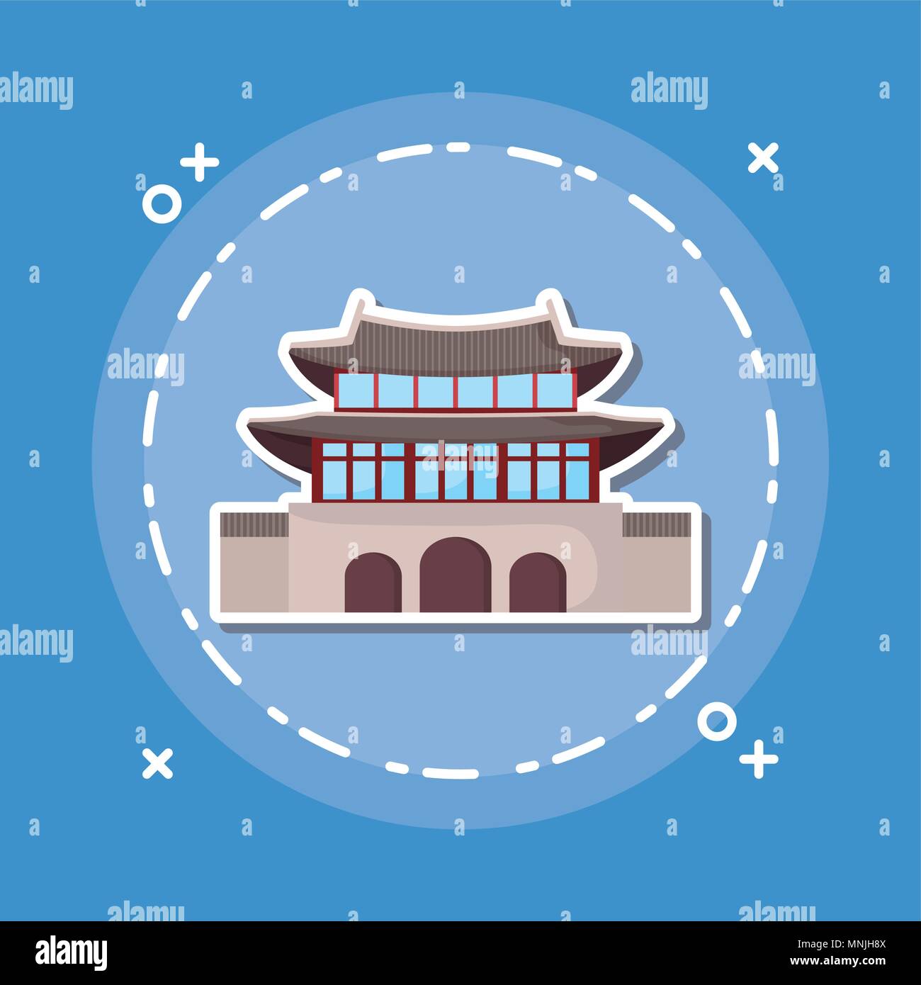 Asien ikonischen und traditionellen Gebäude Symbol auf blauem Hintergrund, farbenfrohen Design. Vector Illustration Stock Vektor